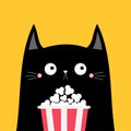 Black cat popcorn box. Cute cartoon funny character. Cinema theater. Film show. Kitten watching movie. Kids print for tshirt Royalty Free Stock Photo