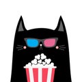 Black cat and popcorn. Cinema theater. Cute cartoon funny character. Film show. Kitten watching movie in 3D glasses. Kids print Royalty Free Stock Photo