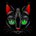 Black Cat Portrait with Green Eyes Vector Illustration