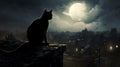 A black cat prowling on a moonlit rooftop HD Halloween image 1920 * 1080