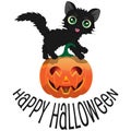 Black cat and pumpkin for Halloween with an inscription `Happy Halloween`