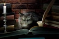 Black cat reading a big book by candlelight Royalty Free Stock Photo