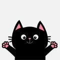 Black cat ready for a hugging. Open hand pink paw print. Kitty reaching for a hug. Funny Kawaii animal. Baby card. Cute cartoon ch