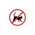 Black cat in red crossed circle. Forbidden, unallowed sign. No animals, no pets