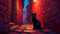 black cat in red night alley