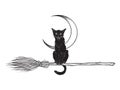 Black cat rides the broom magic vehicle of the witch hand drawn ink style boho chic sticker, patch, flash tattoo or print design
