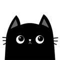 Black cat sad face head silhouette icon. Cute cartoon baby character. Kawaii pet animal. Funny kitten. Sticker print template.