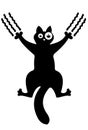 The black cat is scratching. Silhouette of a cartoon cat, Crazy hanging cat. Vector illustration of