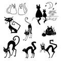 Black cat set. Cats on the roof of the house. Cat with pumpkin for halloween. Collection of silhouettes. Vector icons, decorating Royalty Free Stock Photo