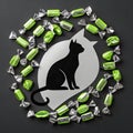 A sleek design of a black cat silhouette formed by negative space within a cascade of candy wrappers Royalty Free Stock Photo