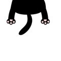 Black cat silhouette. Hanging back body paw print, tail. Funny legs. Cute cartoon character. Kawaii animal. Baby card. Notebook