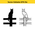 Black cat silhouette and line drawing sitting on a wooden fence Royalty Free Stock Photo