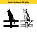 Black cat silhouette and line drawing sitting on a wooden fence Royalty Free Stock Photo