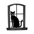 Black Cat Silhouette Sitting in a Window Frame vector illustration Royalty Free Stock Photo