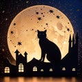 Black cat silhouette standing on houses roof against full moon at night. Flat paper cut style, black, yellow colors