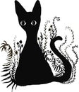 A black cat sits in the foliage. Silhouette animal, on white background.