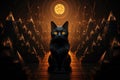 A black cat sits in front of a glowing orange light, AI