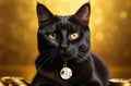 a black cat sits and laying among some gold cryptocoins Bitcoins. The cat is mining bitcoins. Yellow gold background