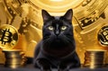 a black cat sits and laying among some gold cryptocoins Bitcoins. The cat is mining bitcoins. Yellow gold background
