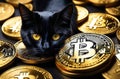 a black cat sits and laying among some gold cryptocoins Bitcoins. The cat is mining bitcoins. Yellow gold background