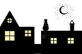 Black Cat sits on the roof at night looks at moon and stars,  silhouette isolated on white background Royalty Free Stock Photo