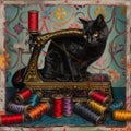 A black cat sits on a sewing machine with colorful spools of thread Royalty Free Stock Photo