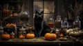 Black cat sits on a table in the witches kitchen among pumpkins and magic items. Samhain vibes.