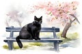 Black cat sitting on a bench in a park. Watercolor illustration Royalty Free Stock Photo