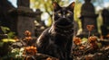 A black cat sitting in cemetery