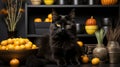 A black cat sitting in front of a bowl of oranges