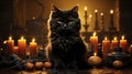 A black cat sitting in front of candles and pumpkins in castle
