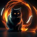 a black cat sitting in front of a glowing circle