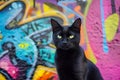 black cat sitting in front of graffiti wall and staring to camera Royalty Free Stock Photo