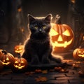 a black cat sitting in front of halloween pumpkins Royalty Free Stock Photo