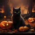 a black cat sitting in front of halloween pumpkins Royalty Free Stock Photo