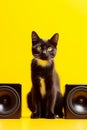 Black cat sitting in front of pair of speakers on yellow background. Generative AI