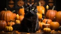 A black cat sitting in front of pumpkins in room