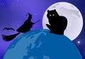 Black cat sitting on the globe and a witch flying over it on a moonlit night in celebration of Halloween Royalty Free Stock Photo