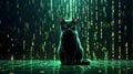 a cat sitting at a green binary code stage with alphabet rain in the matrix
