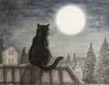 Black cat sitting on house rooftop look at full moon at night Royalty Free Stock Photo