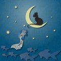 Black cat sitting on moon and fishing golden fish among starry sky.