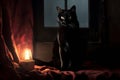 a black cat sitting next to a candle in front of a window Royalty Free Stock Photo