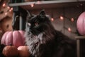 A black cat sitting next to a pile of pumpkins. AI generative image. Royalty Free Stock Photo