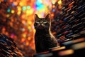 A black cat sitting on a pile of colored cubes, AI