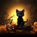 a black cat is sitting on a pile of pumpkins in front of a full moon Royalty Free Stock Photo
