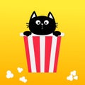 Black cat sitting in Popcorn box. Movie Cinema icon in flat design style. Pop corn. Cute cartoon funny pet character. Yellow gradi