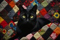 Black cat is sitting on quilted blanket with yellow eyes. Generative AI