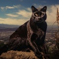 a black cat sitting on a rock