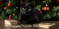 Black cat sitting on a table with tarot cards and a Christmas tree in the background Royalty Free Stock Photo