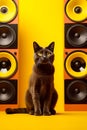 Black cat sitting on top of table next to pair of speakers. Generative AI